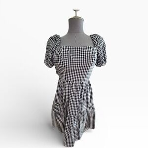 NWT B. Smart Gingham Square Neck Puff Sleeve Tiered Mini Dress Black White